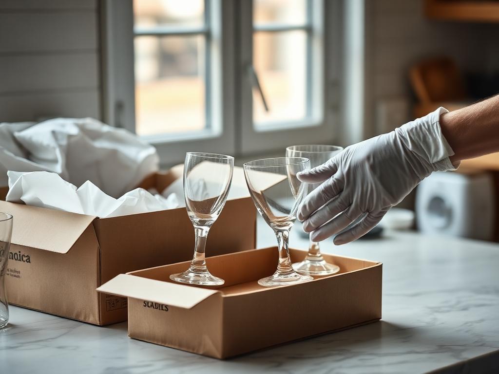 Gloved hands wrapping glassware in packing paper beside an open carton