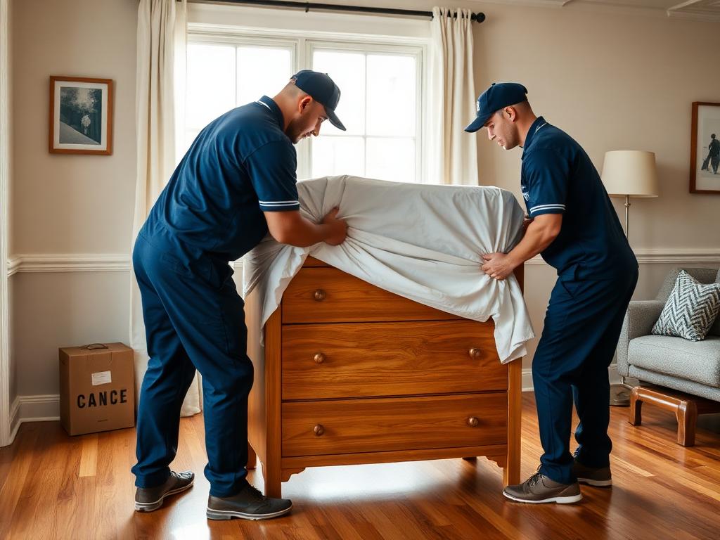 Movers wrapping a wooden dresser in a Nashville living room