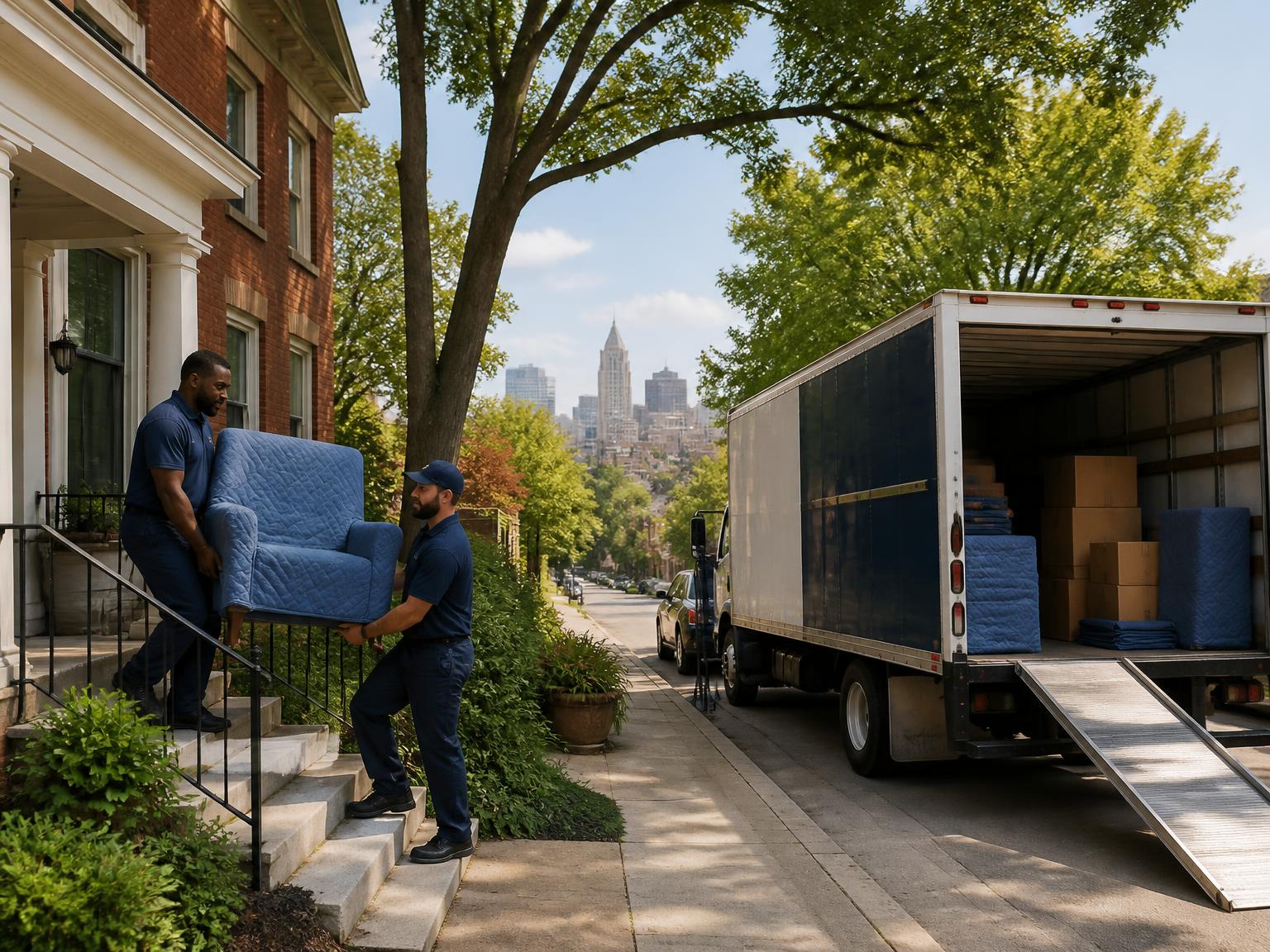 Moving crew carrying a blanket-wrapped armchair from a Nashville home to a loaded moving truck